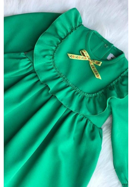 Fırfır ve Kurdele Detaylı Tasarım Yeşil Kız Çocuk Bebek Elbise fiyatları
