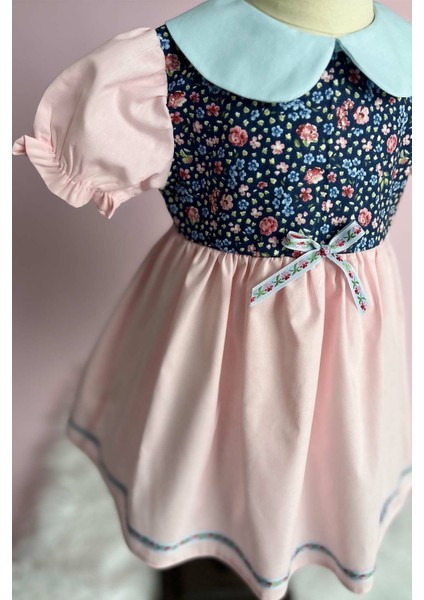Bebe Yaka Mavi Pembe Çiçekli Kız Çocuk Bebek Bahar Elbise modelleri