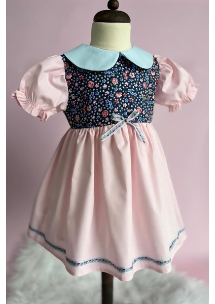 Bebe Yaka Mavi Pembe Çiçekli Kız Çocuk Bebek Bahar Elbise fırsatları