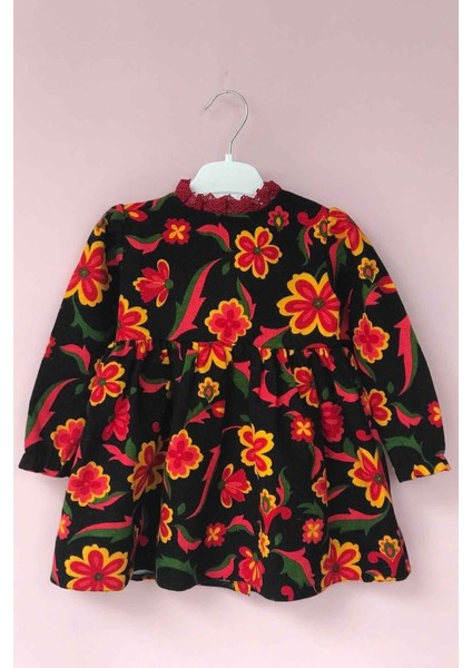 Dantel Yaka Çiçekli Siyah Pazen Kız Çocuk Bebek Elbise