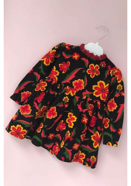 Dantel Yaka Çiçekli Siyah Pazen Kız Çocuk Bebek Elbise fiyatları