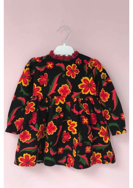 Dantel Yaka Çiçekli Siyah Pazen Kız Çocuk Bebek Elbise modelleri