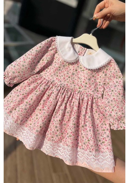 Bebe Yaka Dantel Detaylı Çiçekli Pembe Kız Çocuk Bebek Elbise