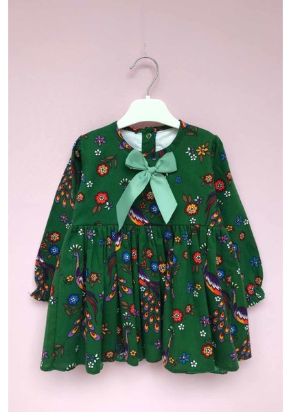 Kuş Desenli Yeşil Pazen Kız Çocuk Bebek Elbise