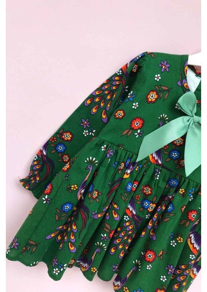 Kuş Desenli Yeşil Pazen Kız Çocuk Bebek Elbise modelleri