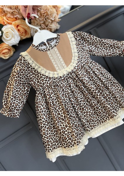 Dantel Detaylı Leopar Desenli Pamuklu Kız Çocuk Bebek Elbise fiyatları