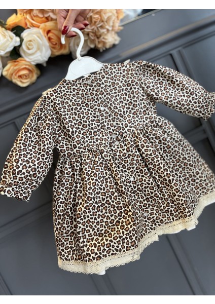 Dantel Detaylı Leopar Desenli Pamuklu Kız Çocuk Bebek Elbise modelleri