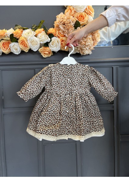 Dantel Detaylı Leopar Desenli Pamuklu Kız Çocuk Bebek Elbise fırsatları