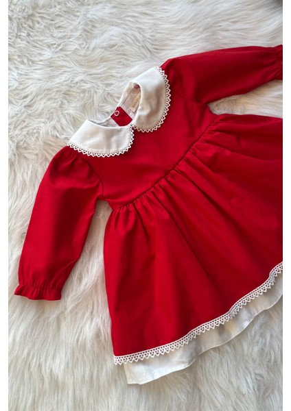 Dantel Detaylı Bebe Yaka Kız Çocuk Bebek Pamuklu Kırmızı Beyaz Elbise
