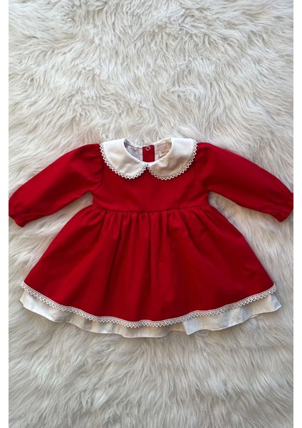 Dantel Detaylı Bebe Yaka Kız Çocuk Bebek Pamuklu Kırmızı Beyaz Elbise modelleri