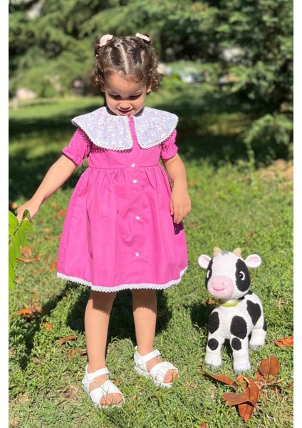 Dantel Detaylı Çiçekli Yaka Menekşe Moru Kız Çocuk Bebek Elbise