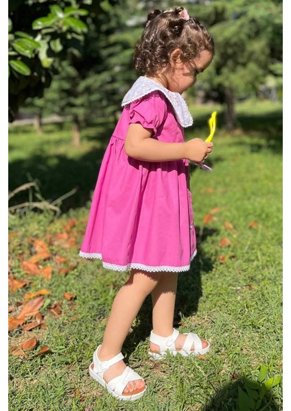 Dantel Detaylı Çiçekli Yaka Menekşe Moru Kız Çocuk Bebek Elbise modelleri