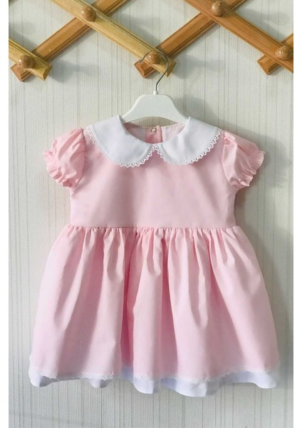 Dantel Detaylı Bebe Yaka Açık Pembe Kız Çocuk Bebek Tasarım Elbise
