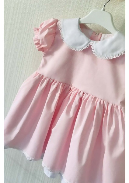 Dantel Detaylı Bebe Yaka Açık Pembe Kız Çocuk Bebek Tasarım Elbise modelleri