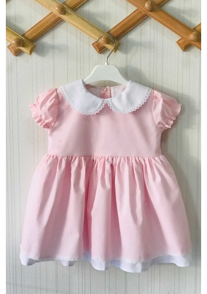 Dantel Detaylı Bebe Yaka Açık Pembe Kız Çocuk Bebek Tasarım Elbise fırsatları