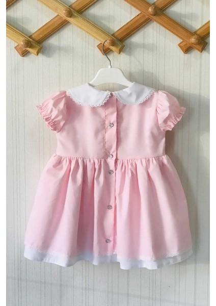 Dantel Detaylı Bebe Yaka Açık Pembe Kız Çocuk Bebek Tasarım Elbise indirimleri