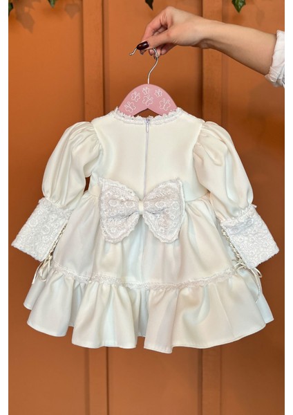 Kız Çocuk Abiye Elbise Dantel Detaylı Kırık Beyaz Mevlüt İçin Şık Tasarım fiyatları