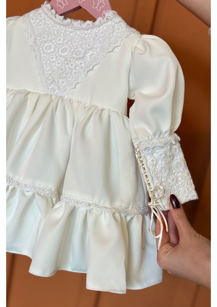 Kız Çocuk Abiye Elbise Dantel Detaylı Kırık Beyaz Mevlüt İçin Şık Tasarım fırsatları