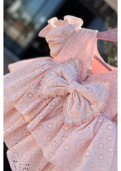 Bertuğ Kız Çocuk Abiye Elbise Dantel ve Büzgü Detaylı Pudra Pembe Özel Günler İçin