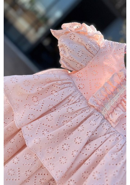 Bertuğ Kız Çocuk Abiye Elbise Dantel ve Büzgü Detaylı Pudra Pembe Özel Günler İçin modelleri