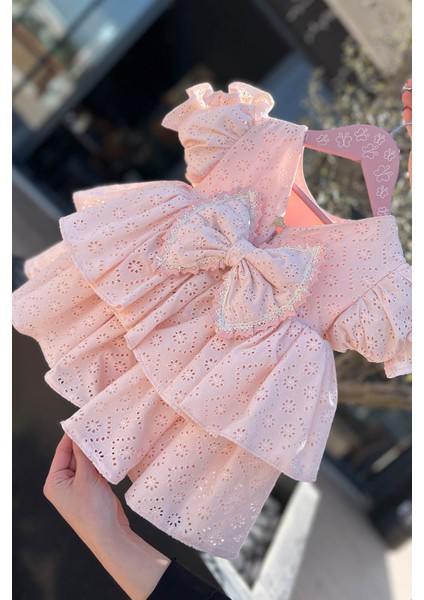Bertuğ Kız Çocuk Abiye Elbise Dantel ve Büzgü Detaylı Pudra Pembe Özel Günler İçin fırsatları