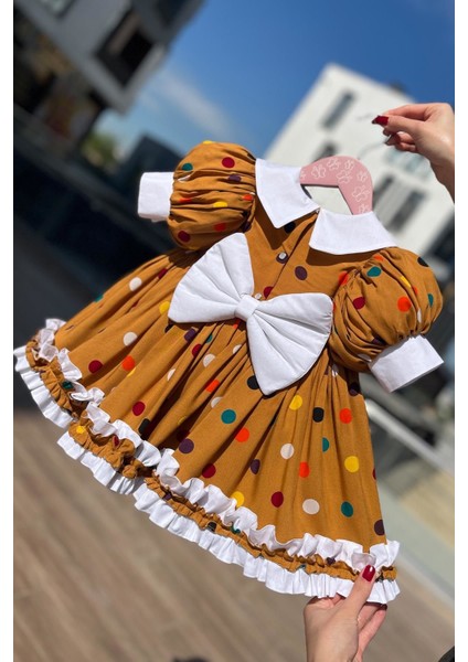 Fırfır Etek ve Broş Detaylı Kurabiye Cookie Kız Çocuk Bebek Pamuklu Elbise