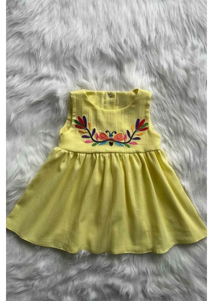 Nakışlı Şile Bezi Sarı Kız Çocuk Bebek Yazlık Pamuk Elbise