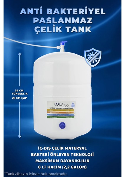 Su Arıtma Cihazı 11 Aşamalı Mineral Alkali Filtreli 8 Lt Çelik Tanklı AquaFlo Membranlı (DNP11-M-A)