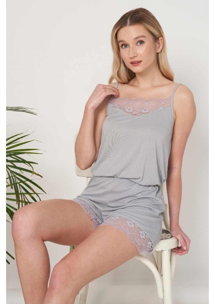 Kadın Gri Ip Askılı Şortlu Pijama Takımı 1600