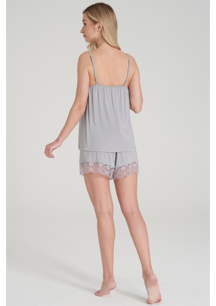 Kadın Gri Ip Askılı Şortlu Pijama Takımı 1600
