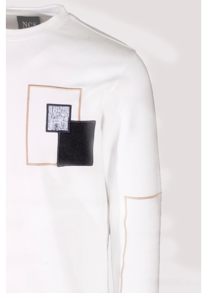 Erkek Sweatshirt Beyaz Bisiklet Yaka Relax Fit Nakış Detaylı Double Face Pamuk Sweat Ncs Jeans 1618