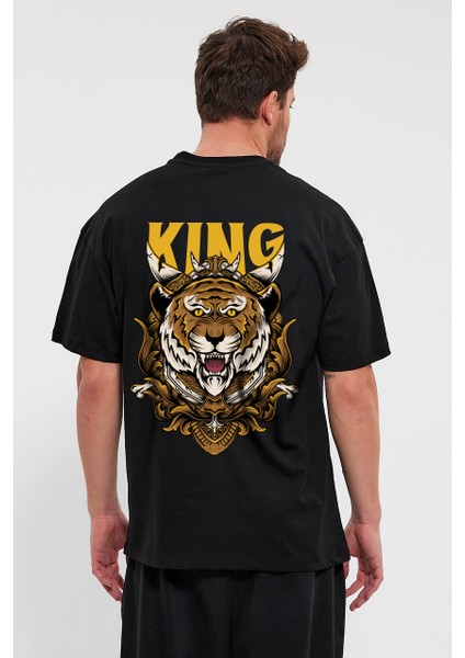 All Wear Style King Tiger Baskılı Oversize Kesim Siyah Tshirt