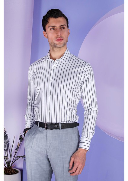 Erkek Slim Fit Uzun Kol Arkası Pensli 6 Drop Beyaz Siyah Çizgili Gömlek fiyatları