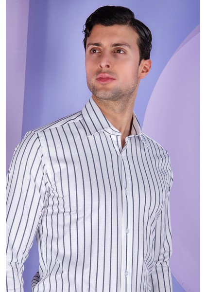 Erkek Slim Fit Uzun Kol Arkası Pensli 6 Drop Beyaz Siyah Çizgili Gömlek modelleri