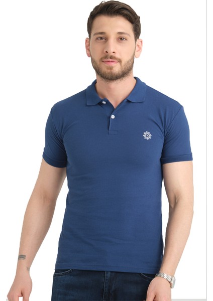 Erkek Koyu Mavi Polo Yaka Biyeli Yazlık Pamuklu Kısa Kollu T Shirt