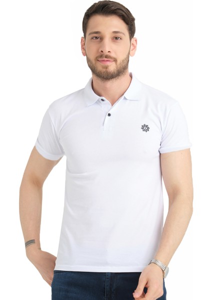 Erkek Net Beyaz Polo Yaka Yazlık Pamuklu Kısa Kollu T Shirt