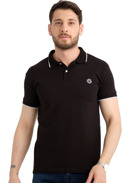 Erkek Siyah Polo Yaka Biyeli Yazlık Pamuklu Kısa Kollu T Shirt