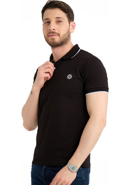 Erkek Siyah Polo Yaka Biyeli Yazlık Pamuklu Kısa Kollu T Shirt modelleri