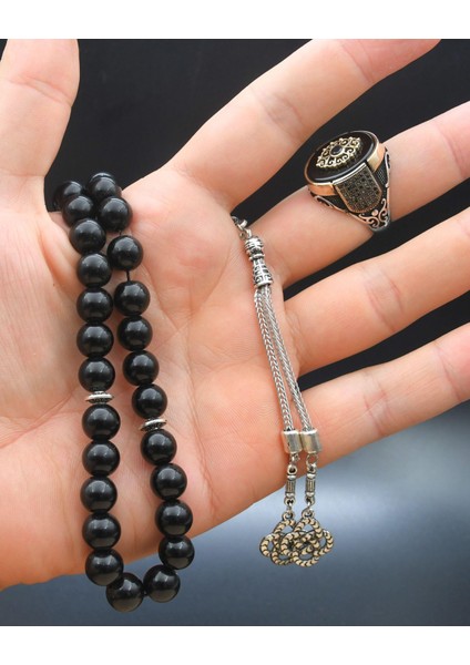 Gümüş 925 Ayar Gümüş Oniks Taşlı Yüzüğü ve 33'lük Doğal Oniks Taşlı Tesbih Seti