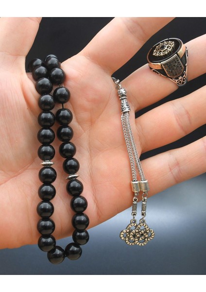 Gümüş 925 Ayar Gümüş Oniks Taşlı Yüzüğü ve 33'lük Doğal Oniks Taşlı Tesbih Seti fiyatları