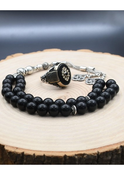 Gümüş 925 Ayar Gümüş Oniks Taşlı Yüzüğü ve 33'lük Doğal Oniks Taşlı Tesbih Seti indirimleri