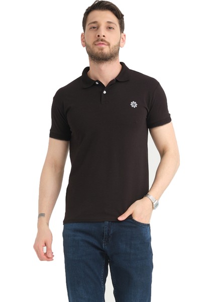 Erkek Net Siyah Polo Yaka Yazlık Pamuklu Kısa Kollu T Shirt