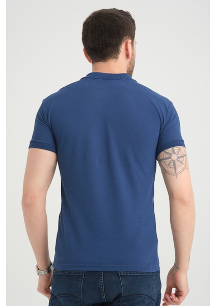 Erkek Koyu Mavi Polo Yaka Biyeli Yazlık Pamuklu Kısa Kollu T Shirt modelleri