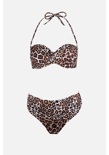 4600 Leopar Desenli Straplez Bikini Takımı