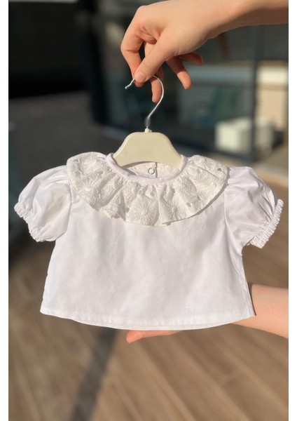 Fisto Yaka Pamuklu Kız Çocuk Bebek Beyaz Bluz Kısa Kol Üst