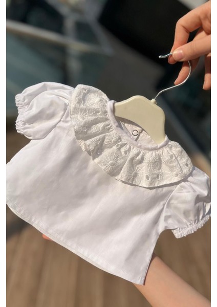 Fisto Yaka Pamuklu Kız Çocuk Bebek Beyaz Bluz Kısa Kol Üst
