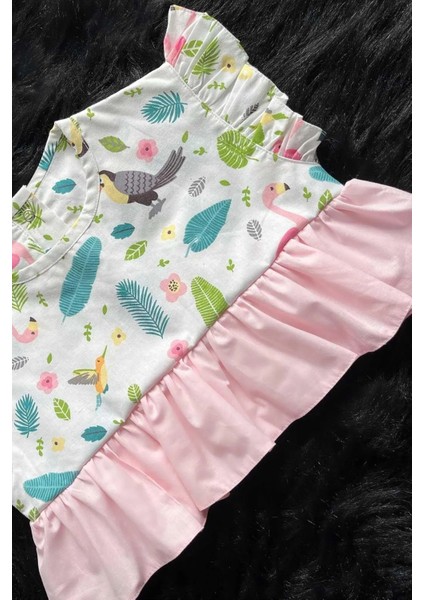 Bertuğ Bebek Flamingo Desenli Kız Çocuk Bebek Crop Kısa Renkli Pembe Şeker Bluz