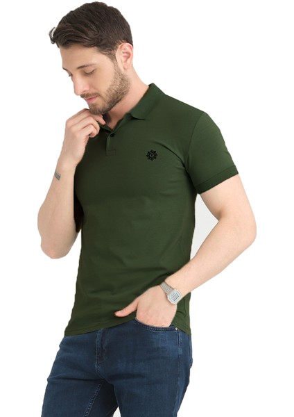 Erkek Yağ Yeşili Polo Yaka Yazlık Pamuklu Kısa Kollu T Shirt
