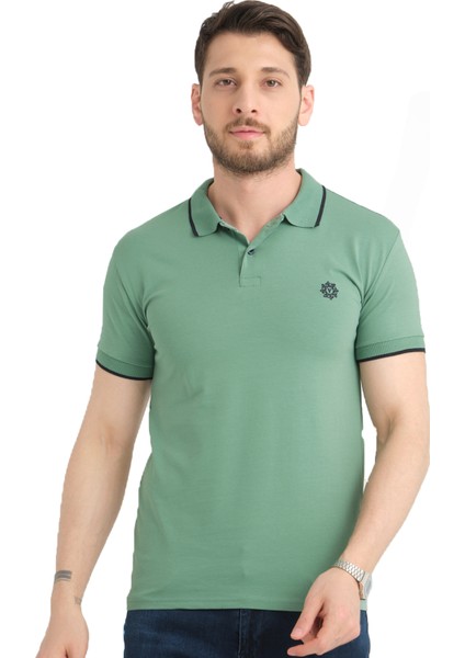 Erkek Yosun Yeşili Polo Yaka Biyeli Yazlık Pamuklu Kısa Kollu T Shirt