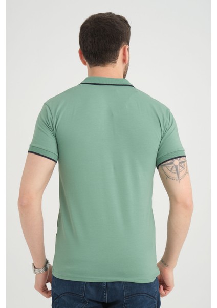 Erkek Yosun Yeşili Polo Yaka Biyeli Yazlık Pamuklu Kısa Kollu T Shirt fiyatları